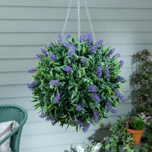 Garden Mile Artificial Topiary Ball Hanging Fake Flowers Lavender Faux Floral Ball with Hanging 3 Way Chain Garden Outdoor Decoration Purple Artificial Flower Plant
