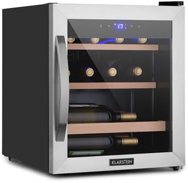 Klarstein Weinkühlschrank, Getränkekühlschrank Schmal, Kühlschrank mit Glastür, Getränkekühlschränke Freistehend, Weinkühlschrank Klein, Weinkühlschränke 1 Zone, UV-Schutz, 4-18 °C, 12 Flaschen