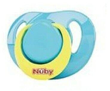 Nuby Silikonschnuller, kiefergerecht, oval, mit Schleife, ideal für Babys von 0 bis 6 Monaten, Blau und Gelb