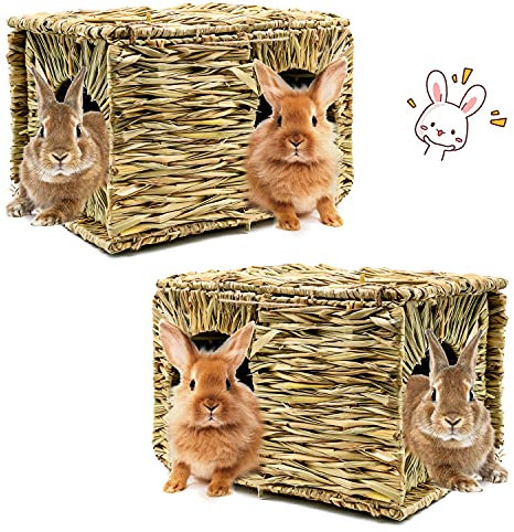 BWOGUE Extra großes Grashaus für Kaninchen, handgefertigt, natürliches Gras, Versteck faltbar, Betthütte mit Öffnungen, Chinchilla, Frettchen zum Spielen und Schlafen (2 Stück)