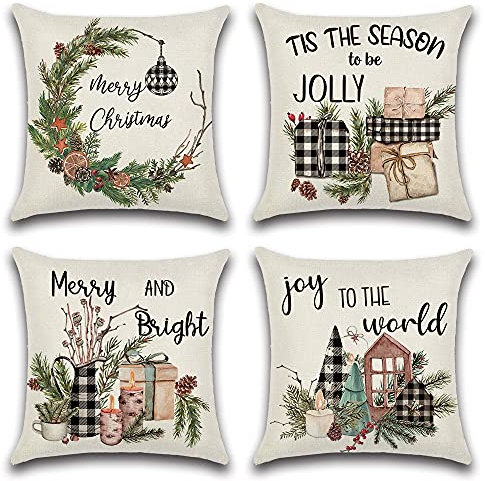JOTOM Weihnachten Kissenbezug wasserdichte Kissenhülle 45x45cm 4er Set Sofakissen Dekokissen Bezug für Sofa Zimmer Outdoor Balkon Terrasse Patio Garten Outdoor (Schwarz-Weiß Kariertes Weihnachten)