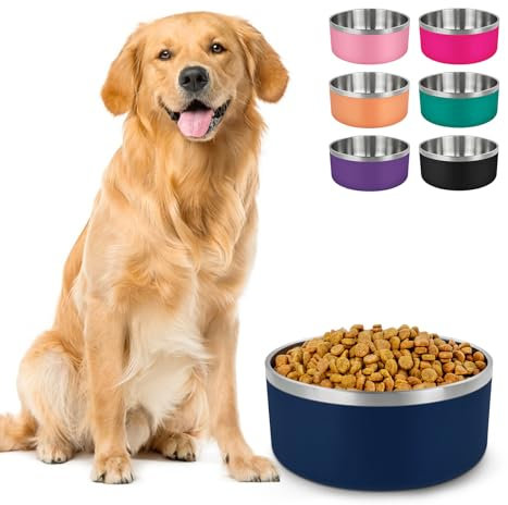 LIHONG Dog Bowls,Stainless Steel Dog Bowls for Large Dogs,Dog Food Water Bowls with Non Slip Rubber Bottom,Pet Feeding Bowl,Double Wall Insulated,Rustproof(64oz,Large,Blue)