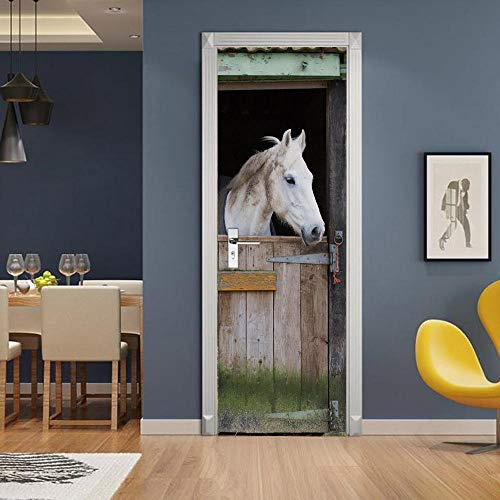 GSKBDQ Autocollants Muraux De Porte Trompe L'Oeil 3D Cheval Blanc Animal 95X215Cm Amovible Stickers Porte Papier Peint Auto-Adhésif Chambre Cuisine Salle De Bain Poster De Porte Stickers