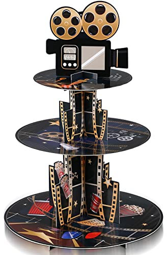Zopeal 3 Tiers Movie Night Party Decorations Cupcake Stand Movie Cardboard Cupcake Holder Cinema Birthday Decoration for Cinema Night Themed Party Desserts Supply(Colorful)