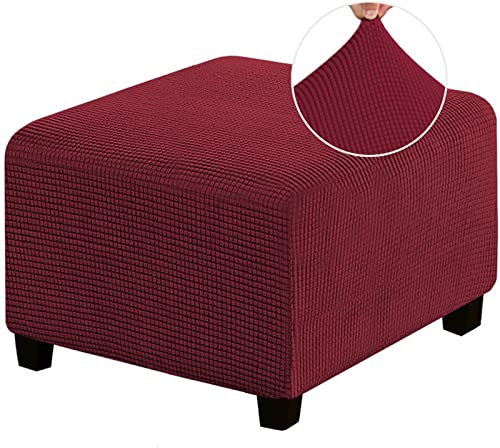 MULARE Stretch-Ottomanenbezug, Ottoman-Schonbezüge, staubdichter Hockerbezug, elastischer, Abnehmbarer Hockerbezug, Dicker Karierter Jacquard-Stoff mit elastischer Unterseite, waschbar,Rot,M