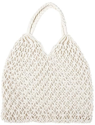 Kichvoe Hollow Out Mesh Strandtasche Damen, Handgemachte Baumwoll UmhäNgetasche FüR Den Strand, Beige, GroßE Tragetasche Mit Schulterriemen 48 x 35 x 2cm