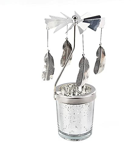 Federn Teelicht Karussell Windlicht Glas Teelichthalter Gold Teelichtglas Rotierender Kerzenhalter Eisen Metall Kerzenständer für Valentinstag Deko Geschenk Hochzeit Dekoration Wohnzimmer Tischdeko