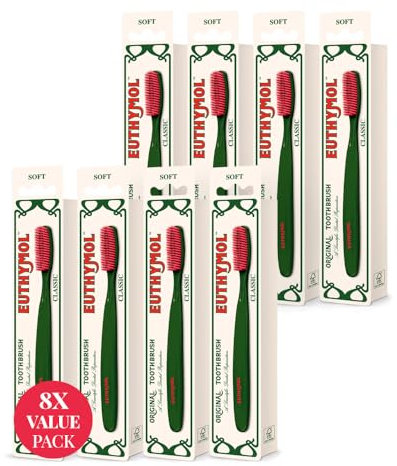 Euthymol Classic Zahnbürste x 8, Groß Voller Kopf, Weiche Borsten, Dreifach Ergonomisch gebogen Handzahnbürsten, Empfindlich Zahnfleisch Zähne, Täglich Oral Emaille Zahnpflege