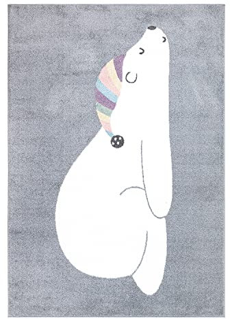 payé Teppich Kinderzimmer - Grau - 190x280cm - Pastellfarben Spielteppich Kinderteppich Kurzflor Weich Schlafender Bär mit Schlafmütze