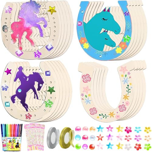 Hufeisen Holz, 24 Stück Holz Hufeisen Kindergeburtstag Holz Basteln Holz, Holzhufeisen Handwerk, Holzscheiben Scheiben Hufeisen Form Ausschnitte, für Kinder Party Kindergeburtstag DIY Dekoration