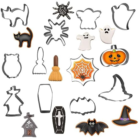 Jsdoin 12 Piezas Juego de Cortadores de Galletas de Halloween, Calabaza, Sombrero de Bruja, Murciélago, Fantasma, Calavera, Cortadores de Galletas de Acero Inoxidable para Halloween