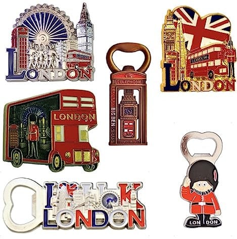 6 London Souvenir Magnets - London Metal Fridge Magnets - London Bottle Opener Magnet - British England Souvenirs Magnet - Union Jack Magnet - UK Gift Magnets