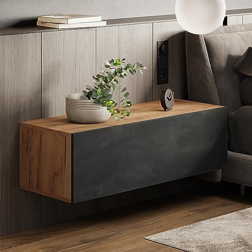 Planetmöbel Nachttisch Schwarz Charcoal/Gold Eiche - Schlichter Nachtschrank hängend mit Klappe 1x Nachtschrank Nachtkommode - 100 x 30 x 38 cm (B/H/T)