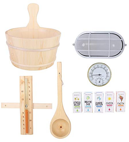 BestAlice 6-teiliges Sauna-Zubehör-Sauna-Eimer- und Schöpfkellen-Set, 1 Gallone (4 L) Hölzerner Sauna-Eimer mit Einsatz, Holzfass-Löffel-Sanduhr-Hygrothermograph-Set mit ätherischen Ölen