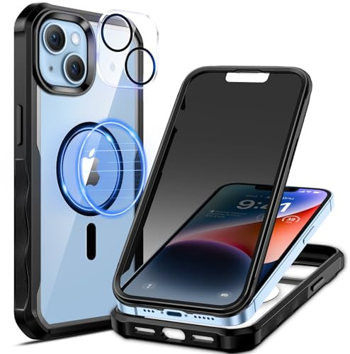 seacosmo Sichtschutz für iPhone 14 Hülle [Kompatibel mit MagSafe], Anti-Spy Handyhülle 360 Grad Schutzhülle, Stoßfestes Case mit Eingebautem Privacy Glass und Kamera Schutzfolie [9H HD]