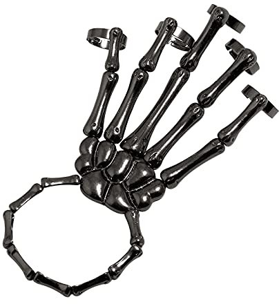 FakeFace Halloween Skelett Hand Armband Punk Rock Gothic Schmuck Skeleton Knochen-Handtalon Greifer-Schädel-Armband mit verstellbarem Ring Cosplay Requisite Party Schmuck (Schwarz)