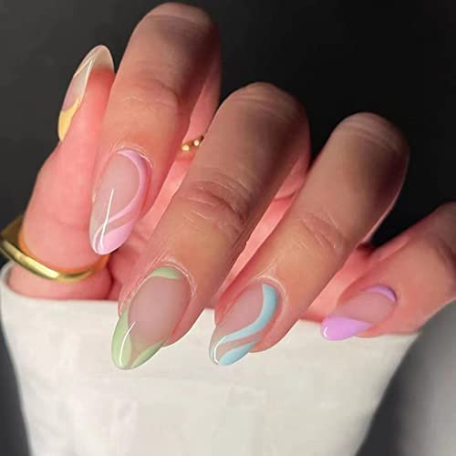 JUSTOTRY 24 Pcs Rainbow Almond Short False Nails,French Tip Press on Nails with Wavy Pattern,Pastel Fake Nails Medium,Oval Stick on Nail for Women Nail Art