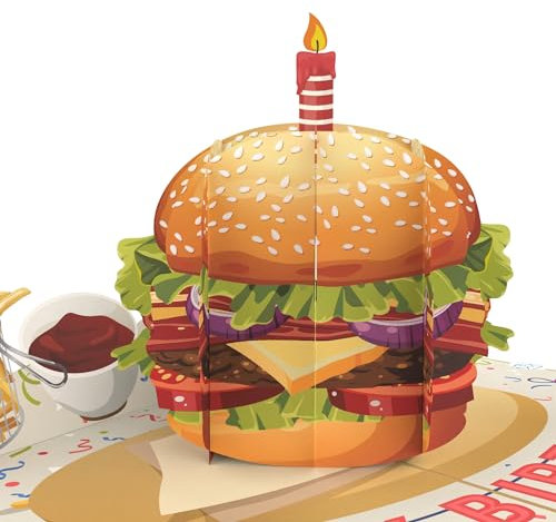 MOKIO® Pop-Up Karte – Burger mit Kerze – lustige 3D Glückwunschkarte zum Geburtstag, Geburtstagskarte mit Hamburger