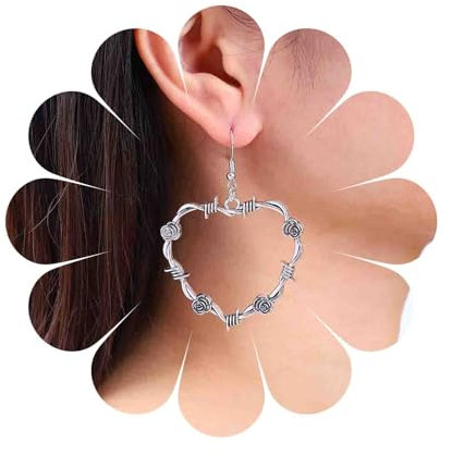 Dervivea Gothic Übertrieben Herz Baumeln Haken Ohrringe Große Herz Tropfen Ohrringe Dornen Liebe Herz Ohrringe Silber Herz Rose Ohrringe Schmuck Für Frauen Und Mädchen