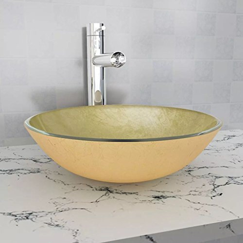 JUNZAI Lavabo Verre trempé 42 cm Doré,Vasque À Poser Salle De Bain,Lavabo Salle De Bain