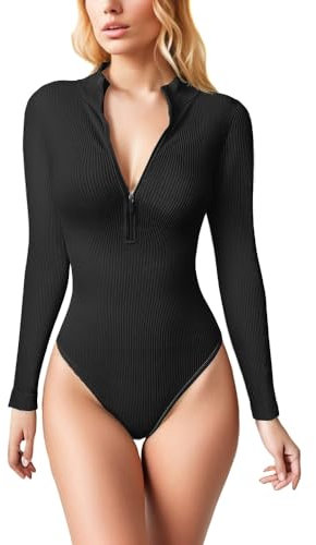HSAJS Body Mujer Manga Larga Cuello en Alto Bodysuit Tops Sexy Elegante Slim Fit Básico Leotardo Top con Cremallera Casual Bodycon Jumpsuit