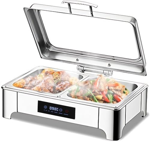 VFDZ 9L Chafing Dish Elettrico Acciaio Inox, Scaldavivande Elettrico Professionale con Regolazione Intelligente della Temperatura, Chafing Dish Buffet con Coperchio Visibile(B, 1/2 PAN)