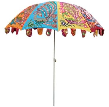 Aangi Art Indian Embroidery Parasol | Large Peacock Design Outdoor Umbrella | Sun Protection for Beach, Cafe, and Garden | Handmade Foldable Iron Frame | Perfect for Weddings and Celebrations | 72x90