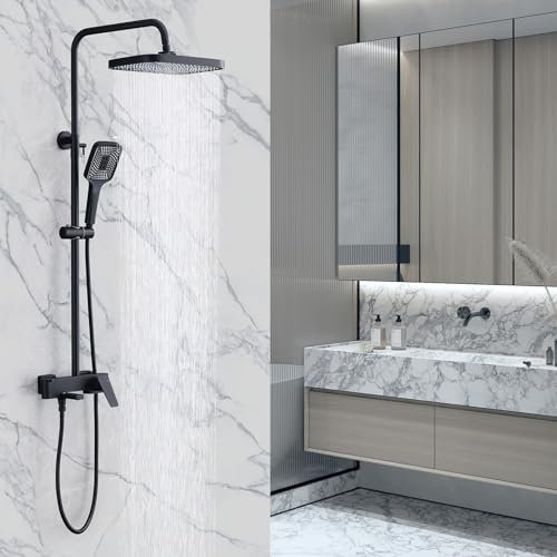 CHALIRS Shower Systems with 12 x 8 Inch Rain Shower Head, Brushed Gold, Exposed Pipe Shower System, 3 Function, Tub Shower Faucet Sets, Overhead Shower System with Handheld Shower