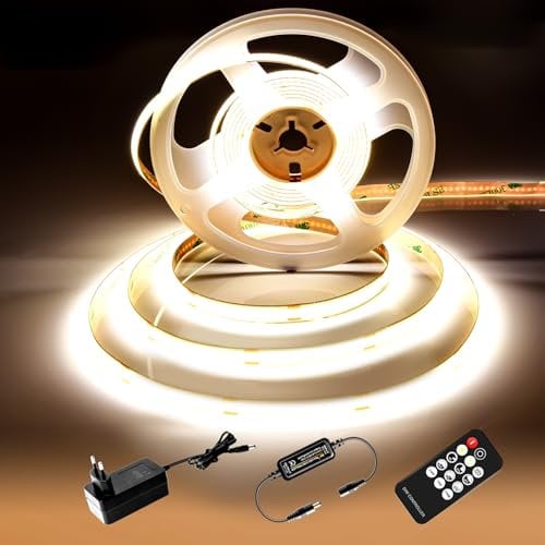 luktix COB LED Streifen 2M,4000K Naturweiß LED Strip, 24V Dimmbare LED Streifen, CRI92, 8mm Breite, mit Fernbedienung und Netzteil, für Heim Dekoration, Küche, Spiegel
