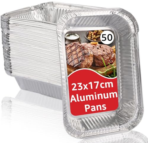 DAJAVE 50 Pcs Aluminium Foil Trays Disposable Tin Foil Containers Medium Aluminium Baking Trays for Air Fryers, Baking, Cooking, Roasting, BBQ - 23X17cm