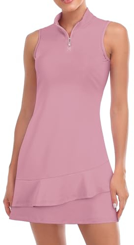 Viracy Tennis Dress for Women Sleeveless Golf Dresses with Shorts and Pockets Ruffle Zip Up Stand Collar Golf Outfits, Solid Dark Pink, L