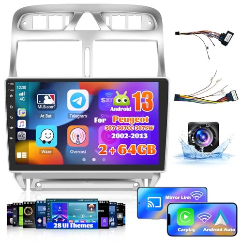 Inefala 2G+64G Radio pour Peugeot 307 307CC 307SW 2002-2013, 9'' Android 15 Ecran avec sans Fil Carplay/Android Auto Lien Miroir GPS Radio FM/RDS DSP WiFi Bluetooth 28 UI SWC USB AHD Caméra de Recul