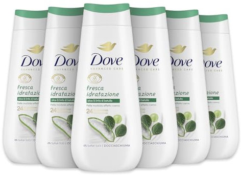 Dove Bagnoschiuma Fresca Idratazione, Bagnodoccia Idratante, Formula Delicata sul Microbioma della Pelle, con Agenti Idratanti Vegetali, Senza Solfati SLES, Bagnodoccia Uomo e Donna, 6 Pezzi da 225 ml
