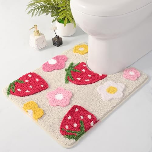 Anybar Beige U Shaped Toilet Rug, Cute Strawberry Flower Bathroom Contour Toilet Mats, Extra Soft Absorbent, Non Slip Bath Mat, Washable Bath Rugs for Toilet Base (20x20 inch)