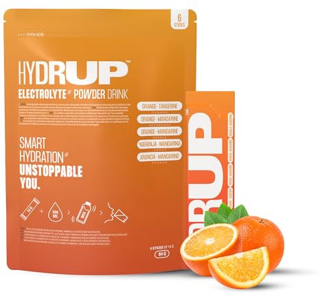 HYDRUP - Electrolitos Sin Azúcar en Polvo 1733 mg - Hidratación y Energía al Instante con Vitaminas B y C - Sabor Naranja - Paquete Resellable con 6 Sobres de 14 Gramos - Sin Gluten ni Lactosa
