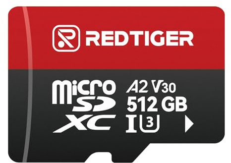 REDTIGER Carte Micro SD haute vitesse avec adaptateur, 512 Go microSDXC UHS-I classe 10, U3, V30 A2, prend en charge les caméras embarquées et l'enregistrement vidéo 4K, compatible avec F7NP-V07&