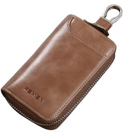 PORRASSO Etuis Porte Clés Véritable Cuir Pochette Porte Cles Voiture Clé Cas Porte-Monnaie Portable Key Case avec 6 Crochet Clip pour Hommes Kaki B