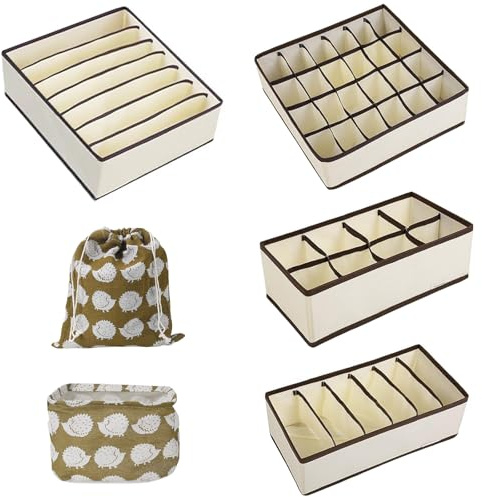 Zythrem 6er-Set Aufbewahrungsbox Unterwäsche,Schubladen Ordnungssystem, Schubladen Organizer Faltbare Unterwäsche Organizer Schublade, Ordnungssystem Kleiderschrank für BHS, Krawatten, Socken,Beige