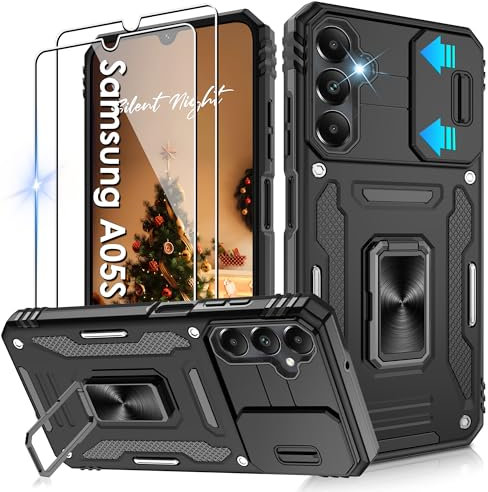 Jshru Handyhülle für Samsung Galaxy A05S Hülle Kameraschutz Slide Camera mit 2 Stück Schutzfolie, 360° Metall Ring Ständer Case Stoßfest Schutzhülle für Samsung Galaxy A05S,Schwarz