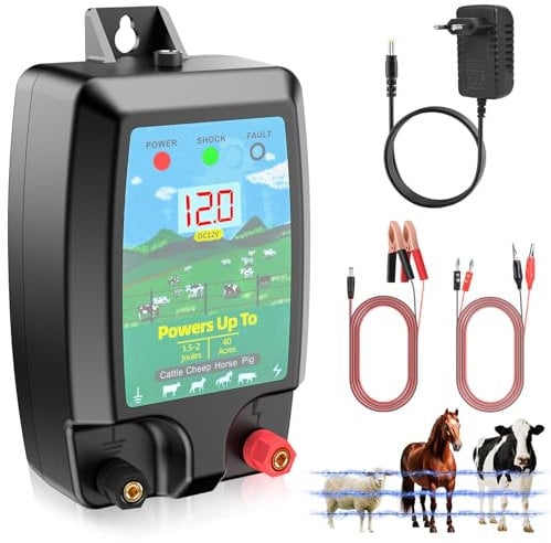 10KM Recinto Elettrico per Animali, Potente Elettrificatore per Recinzione Elettrica da 2 J con display LCD, Recinzione Elettrica Impermeabile IP44 ad Alta Potenza per Fattoria, Giardino, Pascolo