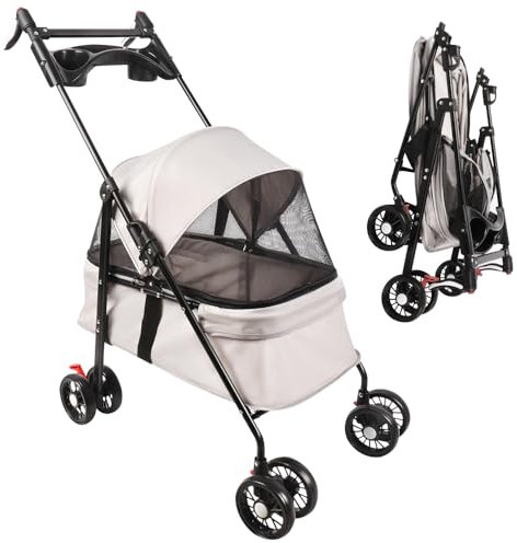 Homewell Klappbarer Haustierwagen mit Getränkehalter, Hundewagen & Katzenwagen, Leicht & Bequem mit Sicherheitsgurt, Atmungsaktiv, Stauraum, bis 20kg (Weiß)