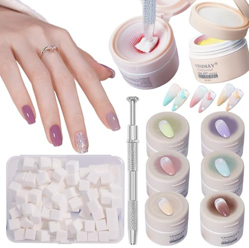 MKNZOME 6 Colors Solid Cream Gel Nail Polish Kit, Nail Polish Blue Purple Brown with Grabbing Pen, 100 Mini Soft Sponges, Ombre Effect, DIY Nail Art Beginner Design Nail Accessories