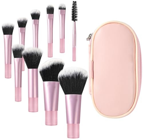 OFFCUP Pinceaux de Maquillage de Voyage, Lot de 10 Mini Pinceaux de Maquillage Professionnels avec Trousse de Maquillage, Kit de Pinceaux Maquillage pour Visage Veux Paupières, Contour, Rose