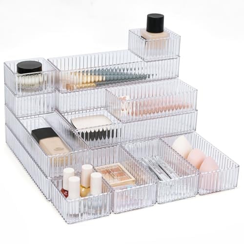 YHANEC 14 Stück Schubladen Organizer Schminktisch Organizer mit 4 Größen | PET,Make up Ordnungssystem Drawer Organizer,für Schubladen, Küchen, Badezimmer, Büro