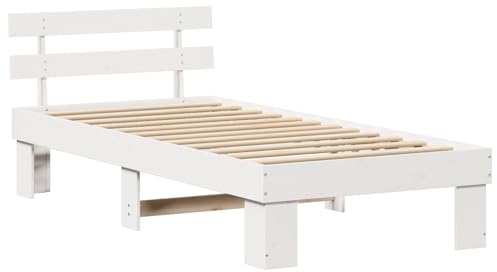 vidaXL Bettgestell mit Kopfteil Weiß 90 x 190 cm, Schlafzimmermöbel, Modernes Bettgestell, Rechteckig, Massivholz Kiefer, Stylisches Design für das Master