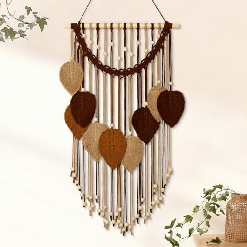 Weldomcor Makramee Wandbehang Boho Wanddeko Wandteppich mit Holzperlen und Grün Blätter Handgemacht Gewebter Tapisserie Dekor für Schlafzimmer Wohnzimmer Zimmer Büro Flur Wand Deko (Khaki Brown)