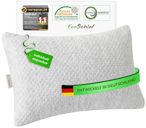 EcoSchlaf® TravelBuddy Reisekissen I Pillow für Outdoor & Reise (Grau) | Kleines Nackenkissen für Flugzeug Camping Auto Bus Zug I einstellbares ergonomisches Kissen aus Memory Foam
