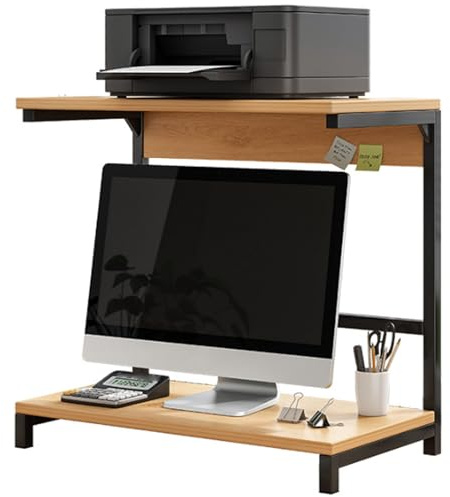 Monitor Stand with Printer Shelf, Wide Desk Organizer, Reinforced Steel Frame, Anti-Scratch Feet, Wooden Design with Underneath Storage for Keyboard and Mouse