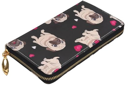 Yyoretp Geldbörse mit niedlichem Mops-Aufdruck, Premium-Leder, mit Reißverschluss, für Damen und Herren, Scheckbuchhülle, RFID-Blockierung