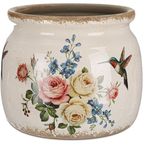 Ninehaoou Vintage Large Ceramic Planter with Hummingbird's Bloom Pattern Creamy White Ice Crack Finish Antique Cottage Flower Vase Pot for Indoor Plants Farmhouse Home Kitchen Office Decor